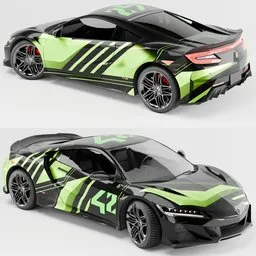 Detailed 3D model of a rigged Acura NSX luxury supercar, featuring low poly structure and customizable color options, rendered in Blender Cycles.