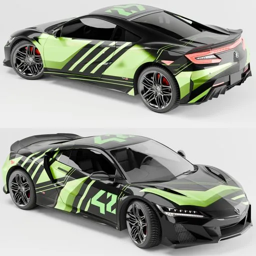 Detailed 3D model of a rigged Acura NSX luxury supercar, featuring low poly structure and customizable color options, rendered in Blender Cycles.