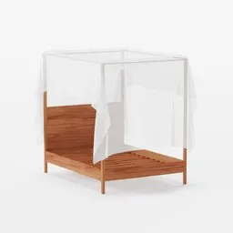 Realistic wooden four-poster bed 3D model with sheer drapes, optimized for Blender rendering.