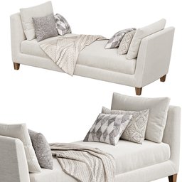 "3D model of the Crate & Barrel Marlowe daybed, a stylish sofa with pillows and a blanket. This high-quality Blender 3D model features an accurate representation of the furniture's design, including elongated arms and a textured base. Perfect for interior design projects, retail websites, and more."