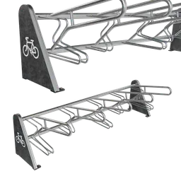 Detailed 3D model of a metal bike rack with multiple parking slots, Blender compatible, realistic texturing.
