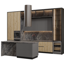 Detailed 3D model of a modern kitchen with sleek cabinets and appliances, crafted in Blender with Cycles renderer.