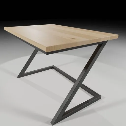 Realistic 3D model of a minimalist-style wooden desk with trendy Z-shaped metal legs, compatible with Blender.