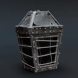 "Handmade steel lantern 3D model for Blender 3D - part of the historic military category. Features a refined face and muzzle, with cages and a tall enclosed castle palisade."