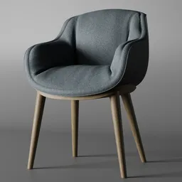 High-quality 3D model of a modern grey fabric armchair with wooden legs, ideal for Blender visualization projects.
