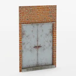 Detailed 3D model of a weathered double metal door set in a brick wall, customizable for building scenes in Blender.