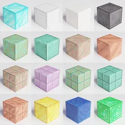 "Get ready to create your own Minecraft world with this set of metal and mineral blocks! Inspired by Ernő Rubik, these detailed textures feature magic gems, mottled coloring, and pastel hues. Perfect for use in Blender 3D, just turn on snapping and start building!"