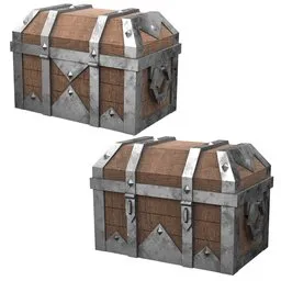 Detailed 3D model of a wooden chest with metal accents and lock, perfect for game asset or rendering.