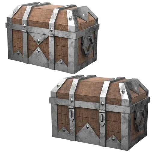 Detailed 3D model of a wooden chest with metal accents and lock, perfect for game asset or rendering.