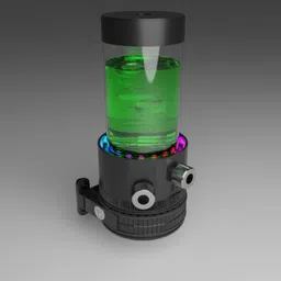 Detailed 3D model of a PC water cooling pump with illuminated reservoir and animated RGB lighting, compatible with Blender 3D.