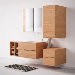 "Modern bathroom furniture set with sink, mirror, and cabinets, designed by Else Alfelt. This vectorial 3D model, rendered in KeyShot and Carvagio, is a high-quality everyday plain object ideal for product display photography. Perfect for Blender 3D enthusiasts looking for a comprehensive furniture set for their bathroom projects."