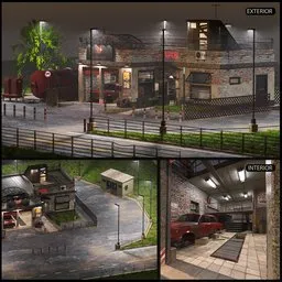 Detailed 3D model of a vintage gas station and garage with interior, car, and urban setting for Blender artists.