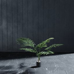 "Artificial tropical palm plant in a black vase on marble floor- Blender 3D nature indoor model. Perfect for creating outdoor scenes with monolithic, photographic render and anamorphic illustration style, featuring foliage. Ideal for modern and minimalistic settings."