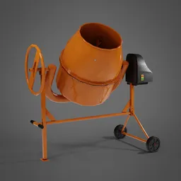 "Concrete mixer - a high quality, realistic 3D model in Blender 3D, perfect for construction site visualizations. Featuring a cement mixer on a stand with a wheel, this machine is designed for efficient mixing of concrete and mortar heads."