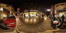 360-degree HDR panorama of illuminated urban streets at nighttime for realistic scene lighting.