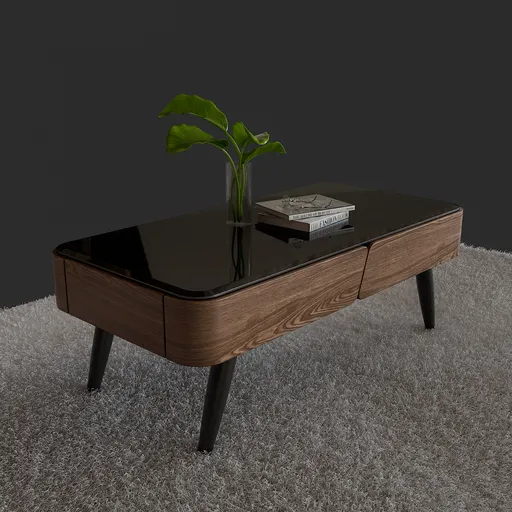 Sleek Blender 3D model of a walnut finish coffee table with black glass top and metal legs, showcasing modern design and texturing.