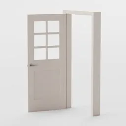 "3D model of an interior door and frame for use in Blender 3D. The model features a white door with a glass window and wooden frame, with constraints for easy opening and closing. Perfect for adding realistic detail to your virtual interior designs."