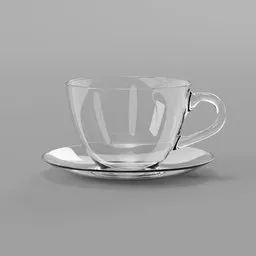 High-resolution 3D rendering of a transparent coffee cup with saucer, showcasing intricate light refraction and realistic shadows.