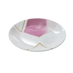 "Plate print-02: A stunning tableware set featuring a white plate adorned with a pink and gold design by Muqi. Perfect for soups and dinner tables. Created using Blender 3D software."