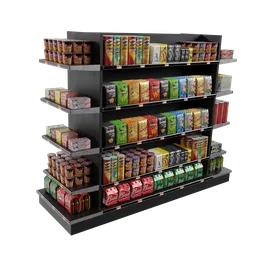 "Product gondola for Blender 3D - storage solution for drinks and beverages. Full-height view, with shelves and bread slots. Baked bean skin texture adds a realistic touch. Ideal for cinema-quality productions and convenience stores."