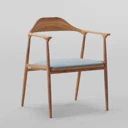 "Stylish wooden cafe chair with blue seat, inspired by Vilhelm Lundstrøm and modeled in Blender 3D. The chair features unique details such as an open neck collar, wooden trim, riffle, and rounded shape, making it a standout piece of furniture. Rendered in April by Owen Gent, this official product photo showcases the chair's detailed body shape and dimensions of 60x53x76."
