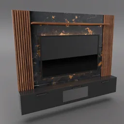 Elegant 3D rendered marble TV wall with wooden accents suitable for Blender interior design visualization.