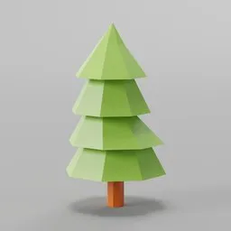 "Low poly game asset of a pine tree for Blender 3D, inspired by Zoltán Joó and Karl Gerstner. Perfect for 3D printing and game development. Rendered in isometric perspective on a neutral background."