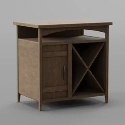 Modern 3D-rendered wine bar cabinet with shelving, door, and wine rack for Blender 3D projects.