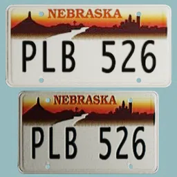 3D model of a Nebraska license plate for vehicle integration, basic texture, not for HD close-ups.