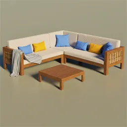 Detailed 3D render of a wicker sectional sofa with cushions, blanket, and table for Blender design.