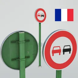 3D model of a French 'no overtaking' traffic sign, detailed rendering, suitable for Blender cityscape scenes.