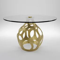 Elegant 3D modeled table with sculptural base and glass top, Blender-compatible, ideal for modern interior renderings.