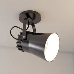 "Anodized aluminum directional LED spot light for ceilings in Blender 3D, adjustable with custom color and temperature options, easily orientable with empty target."