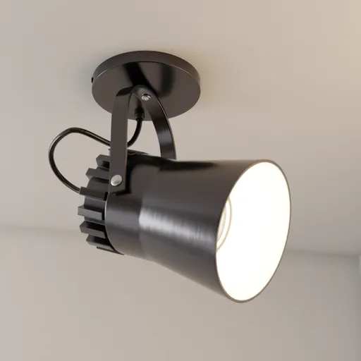Adjustable 3D model of a black anodized aluminum ceiling spotlight, designed for Blender, with customizable illumination settings.