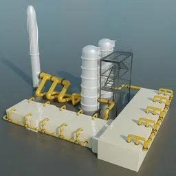 "Get the 3D model of an industrial recycling plant in Blender 3D – featuring Arafed industrial pipes, a clean energy connector, and white smoke atmosphere. This animation model is perfect for showcasing environmental sustainability in a modern industrial setting."