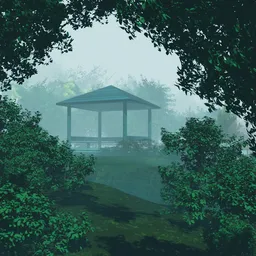 Stylized Anime Foggy Gazebo Nature Scene