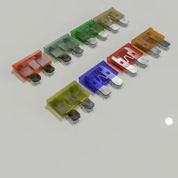 Multicolored 3D vehicle fuses, Blender-rendered assortment for automotive parts.