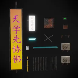 "Get ready to add cyberpunk style to your facade with this highly detailed decoration set for Blender 3D. Inspired by traditional Japanese colors and featuring customizable objects like a pipe with an array modifier, this set includes gadgets, flags, and more. Perfect for creating a futuristic urban landscape."