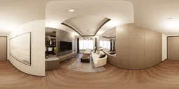 360-degree HDR panorama of a bright, modern lounge with ample lighting, luxury decor, and natural light.