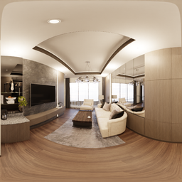 360-degree HDR panorama of a bright, modern lounge with ample lighting, luxury decor, and natural light.
