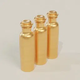 Three copper-colored 3D printed bottles designed in Blender, showcasing realistic textures and reflections.