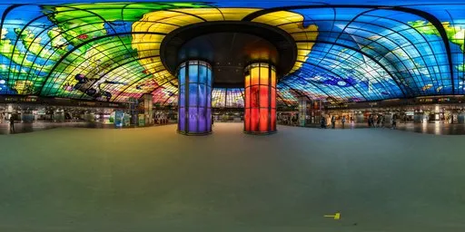 Vibrant 4K HDR interior of a spacious mall with colorful skylight and modern design.