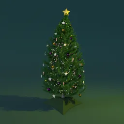 Detailed 3D Christmas tree model with ornaments and star, compatible with Blender for rendering.
