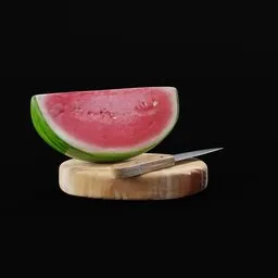 Realistic 3D model of a sliced watermelon on a cutting board with knife, optimized for Blender rendering.