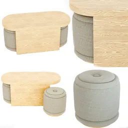 Realistic Blender 3D model render of a light wood coffee table with matching pouffes.