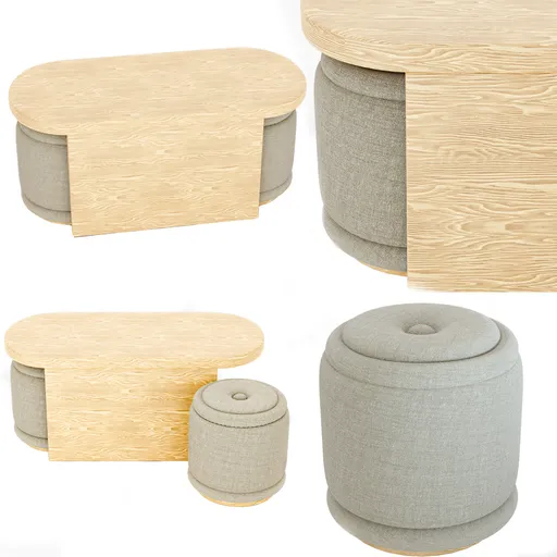 Realistic Blender 3D model render of a light wood coffee table with matching pouffes.