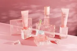 Stylish 3D cosmetic product visualization featuring elegant polygonal blocks on a pink backdrop.