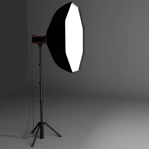 Detailed 3D model rendering of an octagonal softbox with light stand, optimized for Blender users and photography enthusiasts.