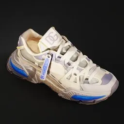 "High-quality 3D model of sneakers in silver and blue color schemes, inspired by off-white and Raf Simons styles. Created using Blender 3D software with a photoscan technique for maximum realism. Perfect for footwear design projects and visualizations."