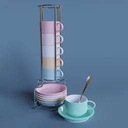 Stacked colorful 3D modeled cups with saucers, a spoon, and stand for Blender rendering.